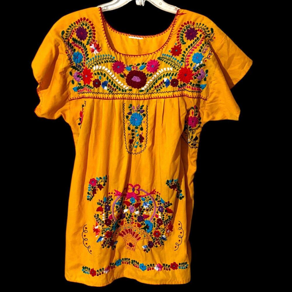 Vintage Yellow Embroidered Puebla Mexican Tunic Top Sz  L XL